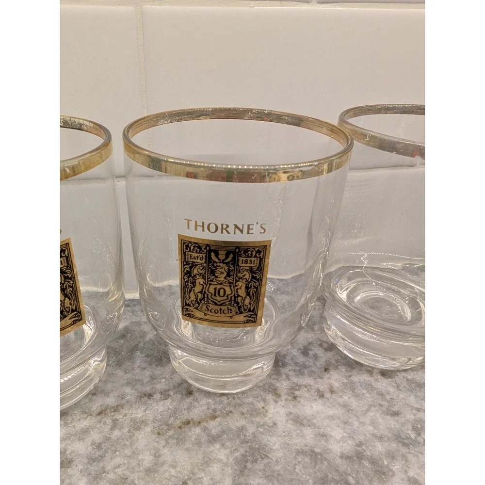 Vintage Thorne's Scotch Whisky Rocks Glasses Gold Rimmed‎ Set Of 4